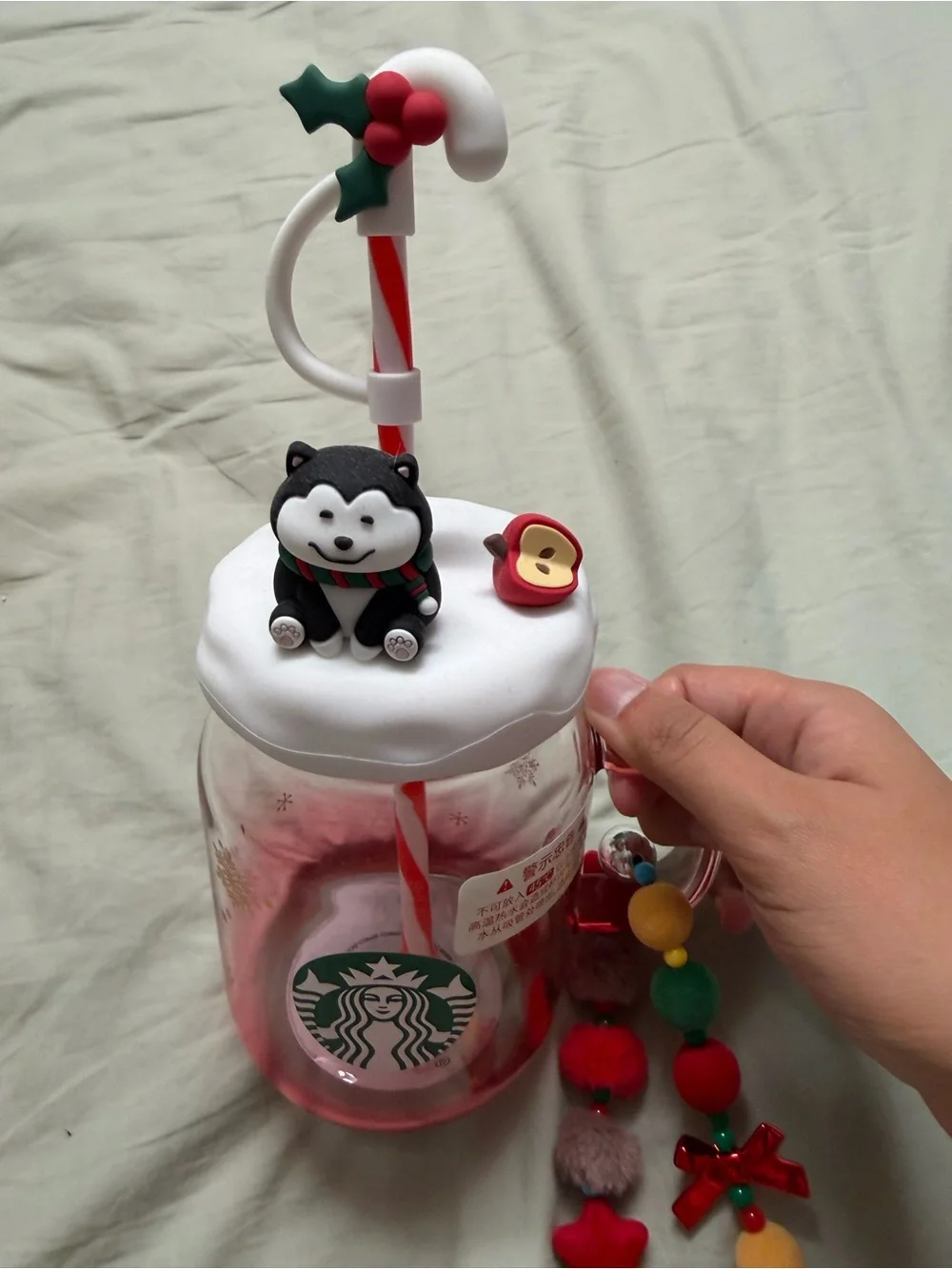 Starbucks Red and White Holiday Mason Jar Cup with Charms